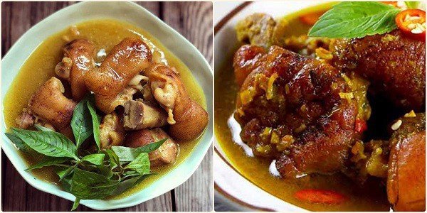 Chân giò heo đang được nấu giả cầy miền Trung, thơm ngon và đậm đà