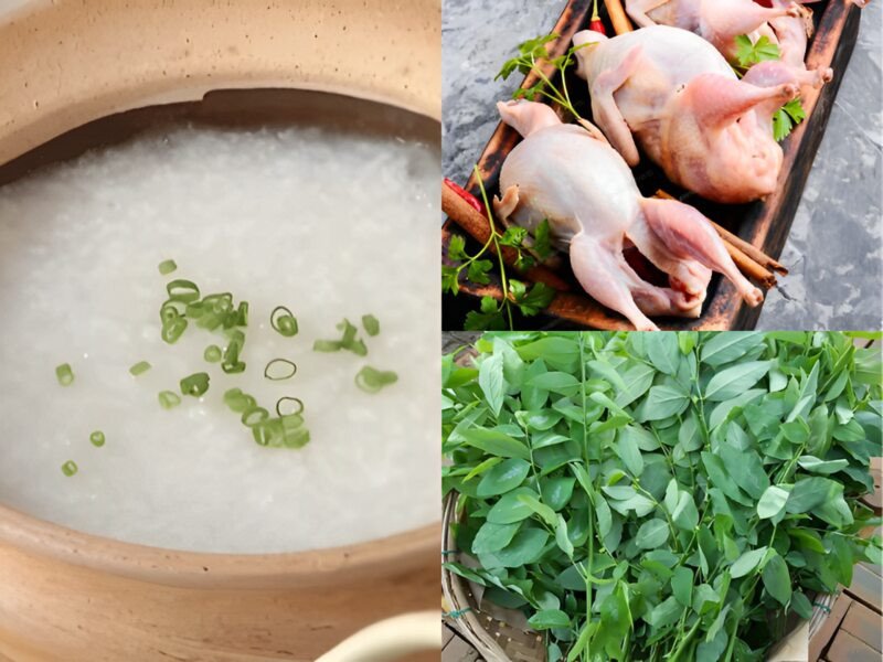 Cháo chim bồ câu rau ngót tươi xanh, tốt cho thai phụ
