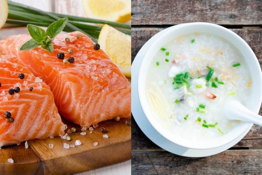 Cháo hạt kê cá hồi bổ dưỡng, với màu cam đẹp mắt của cá hồi.