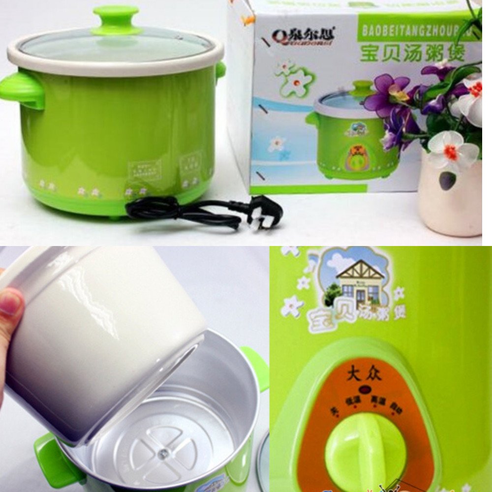 Chi tiết nồi nấu cháo chậm màu xanh với lòng nồi gốm bên trong