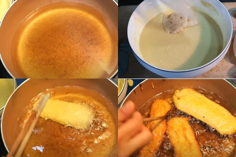Chiên bánh chuối bột mì vàng ươm và giòn rụm