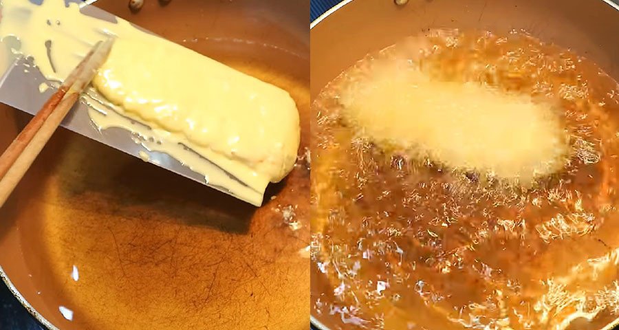 Chiên bánh chuối vàng giòn trong chảo dầu