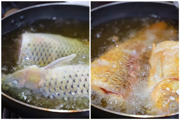 Chiên cá chép vàng nhẹ giúp món om dưa thơm ngon hơn