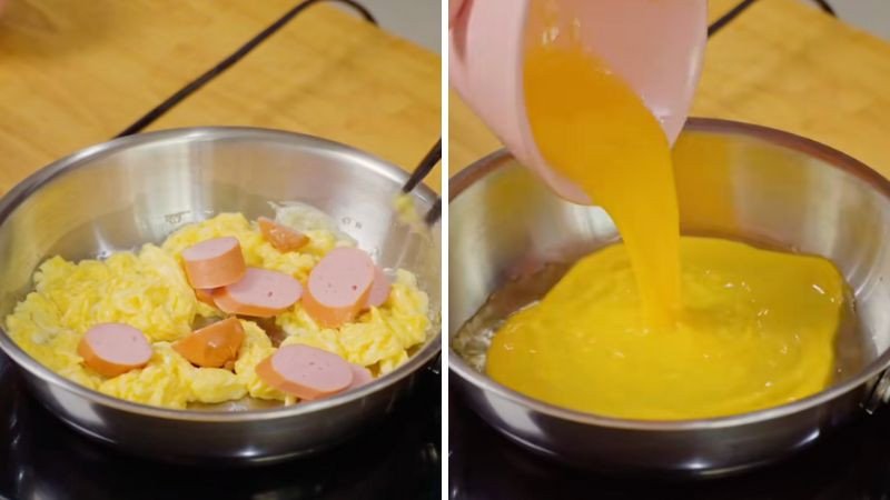 Chiên trứng và xúc xích vàng ruộm để làm topping cho mì xào Hảo Hảo