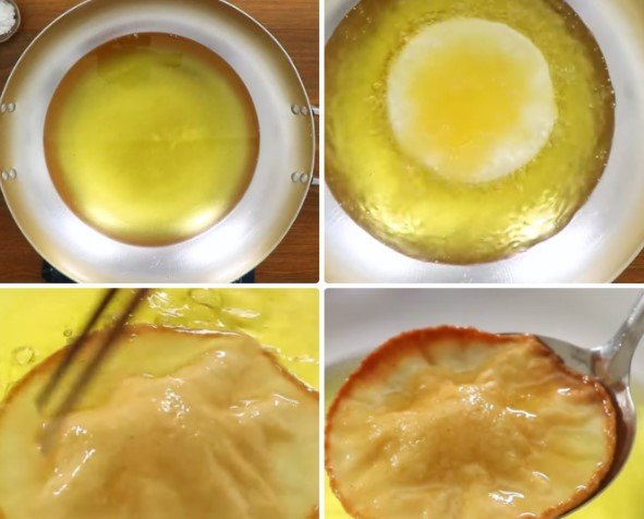 Chiên vàng bánh tai yến bột gạo trong chảo dầu