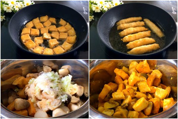 Chiên vàng đậu phụ, mì căn rồi ướp gia vị cùng nấm và hành boa rô cho mì quảng chay