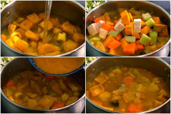 Cho các loại rau củ vào nồi, nấu chín và nêm gia vị cho mì quảng chay