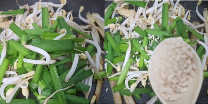 Cho giá đỗ và hẹ vào xào cùng nấm, tạo nên món ăn hài hòa