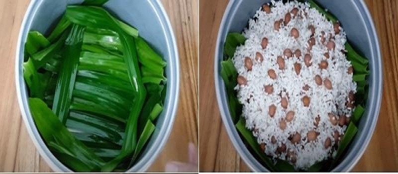 Cho nếp và đậu phộng vào nồi cơm điện để nấu xôi dẻu ngon