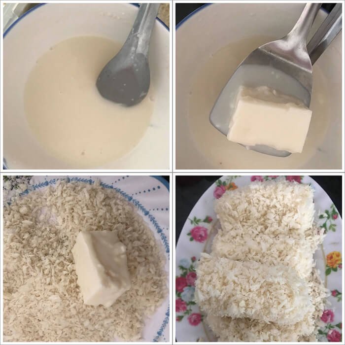 Chuẩn bị bánh sữa tươi đã lăn bột chiên xù