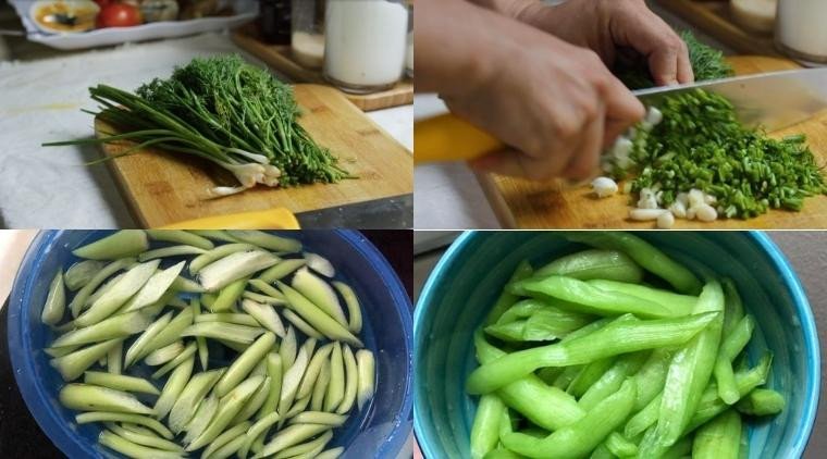 Chuẩn bị các loại rau thơm và dọc mùng ăn kèm bún cá rô phi