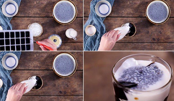 Chuẩn bị ly sương sáo cốt dừa hạt é với thạch và nước đường