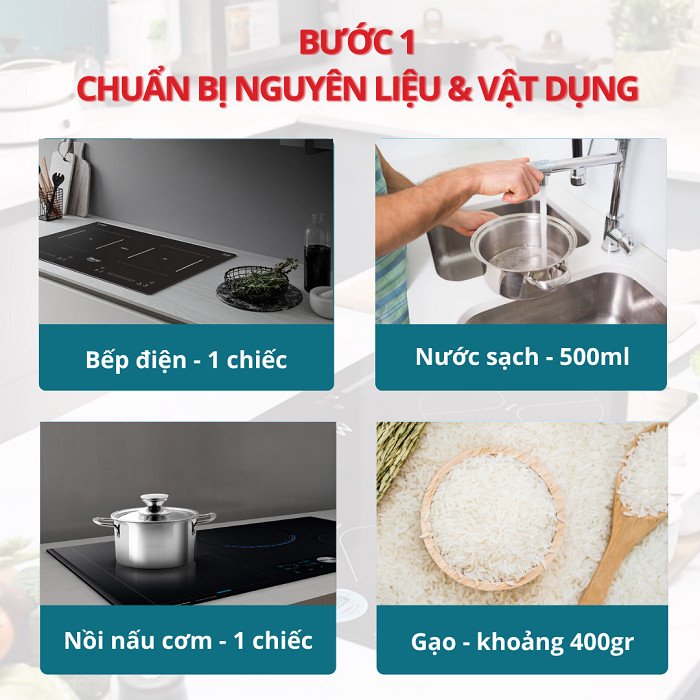 chuẩn bị nguyên liệu cần thiết để nấu cơm bằng bếp điện