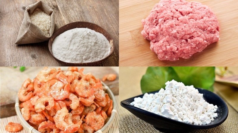 Chuẩn bị nguyên liệu tôm khô và thịt xay cho cách làm bánh bèo miền Trung nhân khô.