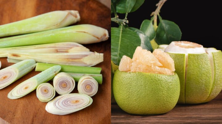 Chuẩn bị nguyên liệu vỏ bưởi và sả để nấu nước gội đầu chống rụng tóc