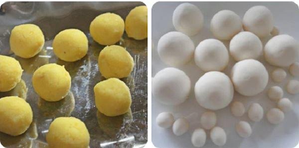 Đang bọc nhân đậu xanh vào viên bánh trôi nước miền Nam