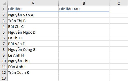 Danh sách các tên cần xáo trộn ngẫu nhiên trong bảng tính Excel
