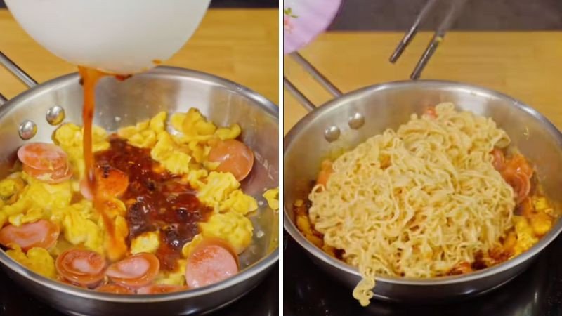 Đảo đều mì Hảo Hảo với nước sốt chua cay trong chảo