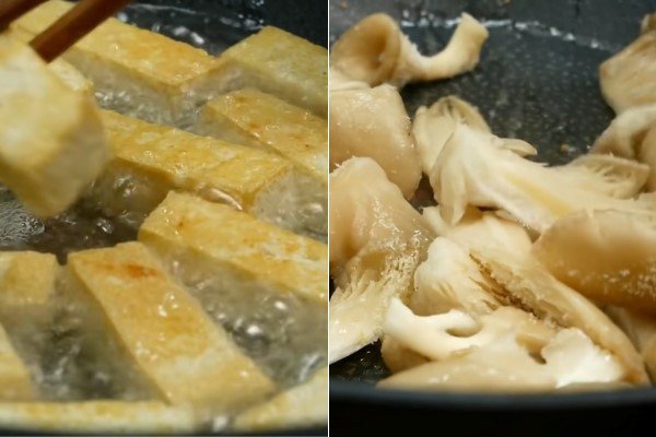Đậu hũ chiên vàng giòn và nấm bào ngư xào thơm cho canh chua chay