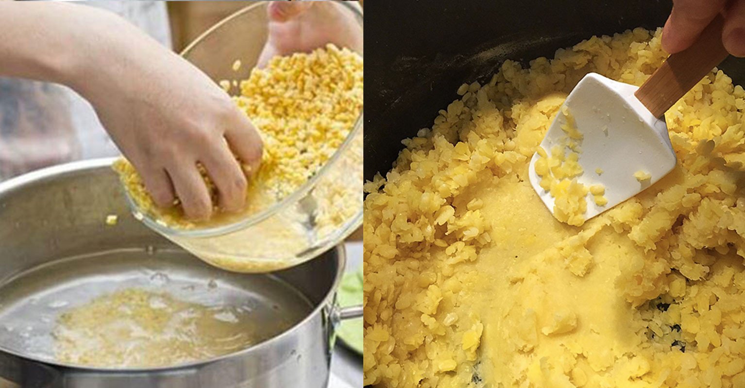 Đậu xanh đã dầm nhuyễn sẵn sàng trộn với nếp khi nấu xôi vò nước dừa