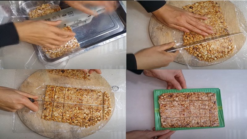 Đổ khuôn và cắt kẹo lạc mật mía sau khi nấu