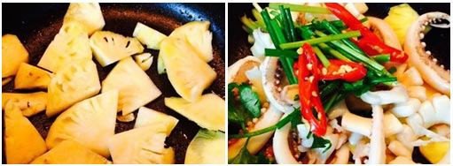 Dứa xào vừa tới kết hợp với mực tạo hương vị đặc trưng