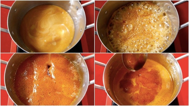 Đun đường thốt nốt để làm nước hàng kho thịt tại nhà