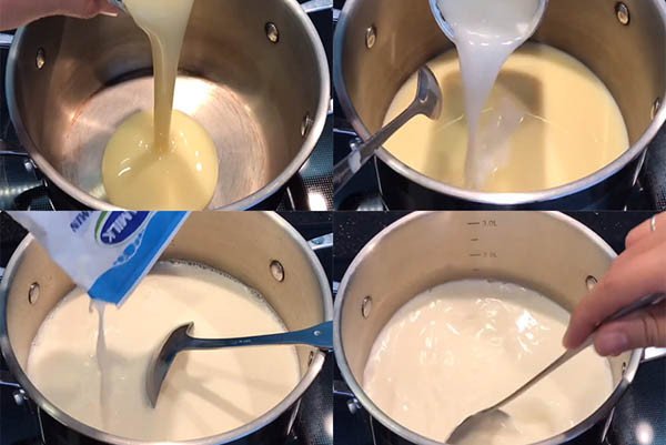 Đun nóng hỗn hợp sữa tươi và sữa đặc chuẩn bị làm sữa chua tại nhà
