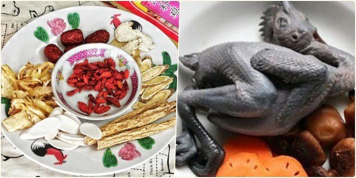 Gà ác tiềm thuốc bắc ăn kèm mì tôm và các loại rau xanh