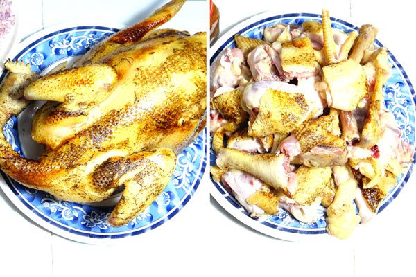 Gà ta nguyên con được thui sơ qua lửa để tạo màu vàng đẹp và mùi thơm đặc trưng trước khi chế biến món xào lăn