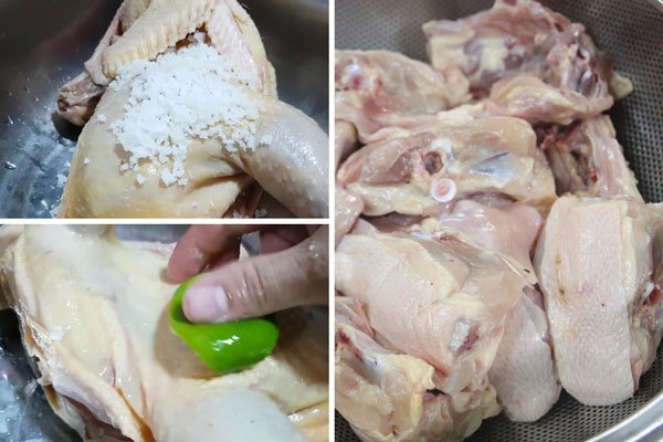 Gà tươi nguyên con sau khi sơ chế sạch sẽ để chuẩn bị xào lăn