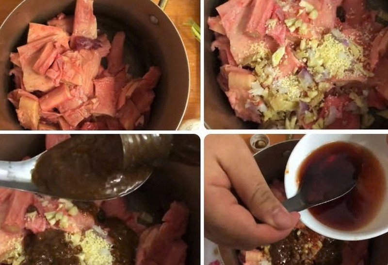 Gân bò đang được ướp gia vị đậm đà cho món sốt vang