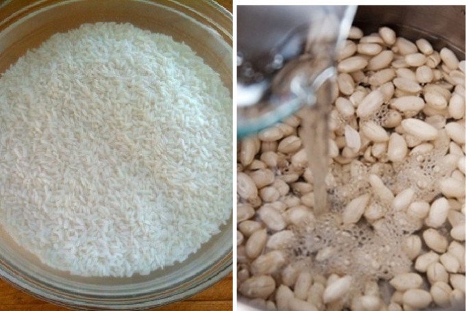 Gạo nếp đang ngâm và lạc đang luộc sơ, bước chuẩn bị quan trọng cho cách nấu xôi lạc bằng xửng hấp