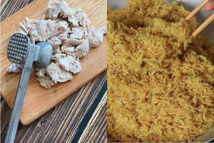 Giã thịt lợn và sao khô để làm ruốc bông bằng tay