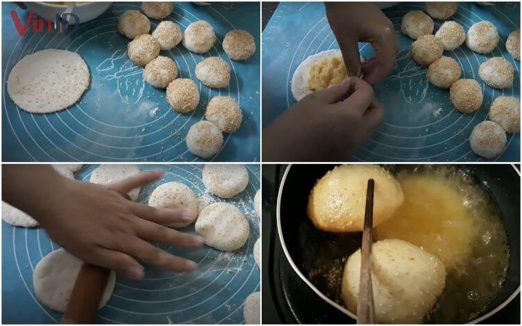 Gói bánh tiêu nhân đậu xanh tỉ mỉ và chiên vàng