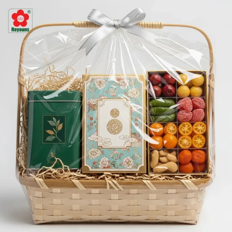 Gói giỏ quà bánh kẹo bằng màng bọc thực phẩm trong suốt