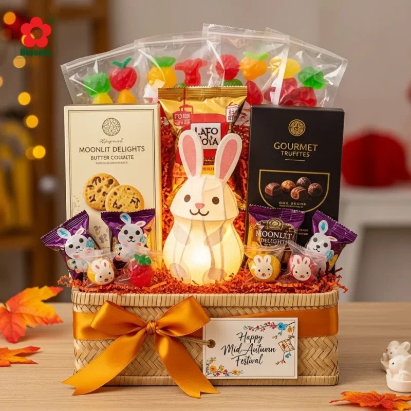 Gói giỏ quà bánh kẹo bằng màng bọc thực phẩm và trang trí nơ