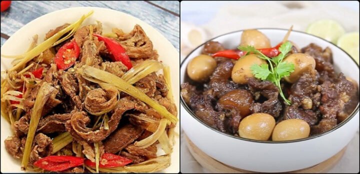 Hai đĩa gân bò kho sả ớt và gân bò kho trứng cút trình bày đẹp mắt, kích thích vị giác