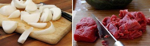 Hành tây thái múi cau và thịt bò thái miếng vừa ăn, sẵn sàng cho công đoạn chế biến.