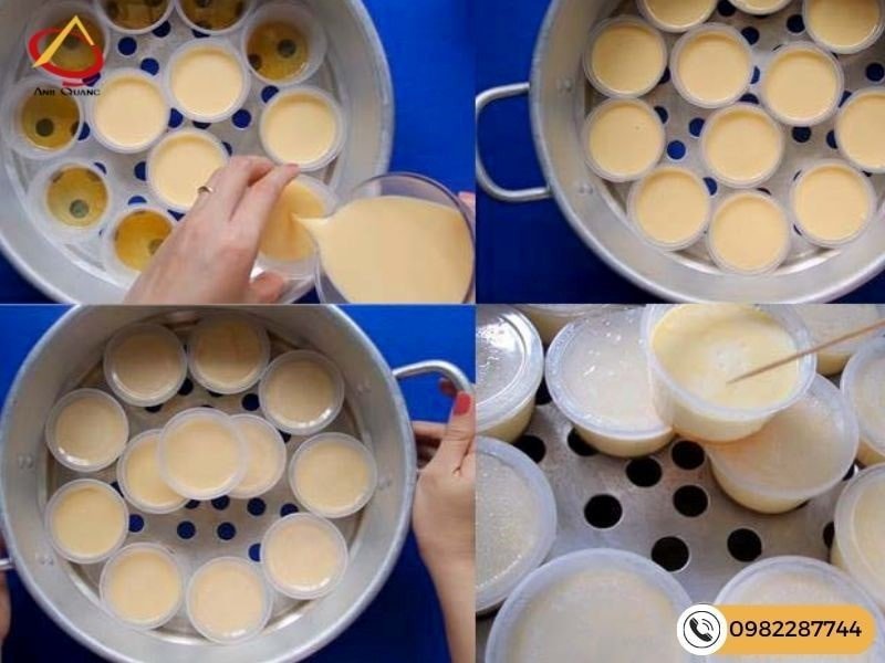 Hấp bánh flan sữa đặc trong khuôn để có độ mịn hoàn hảo