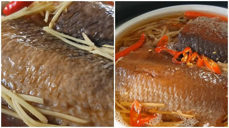 Hấp mắm cá lóc cùng thịt ba rọi trong tô sứ, thêm gừng và ớt để tăng hương vị