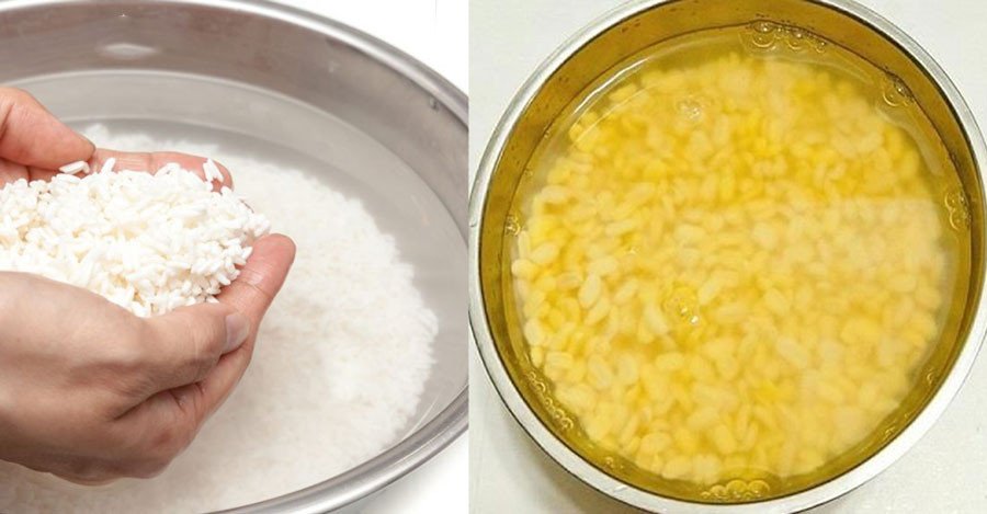 Hạt nếp đã ngâm nở đều, chuẩn bị hấp cho món xôi vò nước dừa