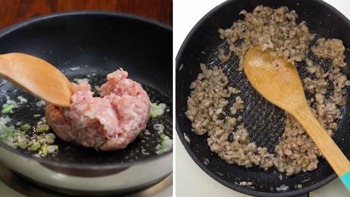 Hình ảnh chảo đang xào thịt băm làm nhân bánh tráng nướng