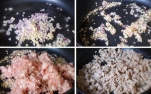 Hình ảnh chế biến nhân tôm thịt cho bánh mặn miền Tây, đang xào thơm hành tỏi và nguyên liệu.