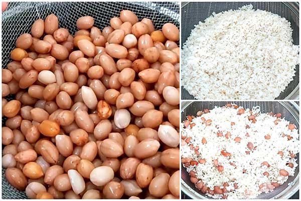 Hình ảnh minh họa các bước sơ chế đậu phộng và nếp trước khi nấu xôi đậu phộng tại nhà.