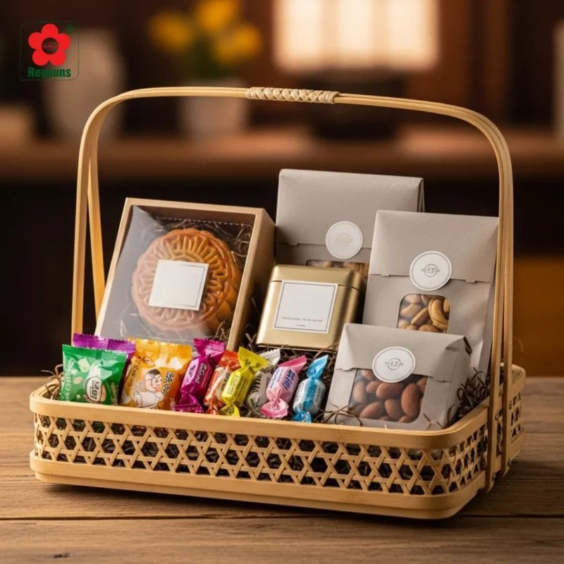 Hoàn thiện giỏ quà bánh kẹo có bánh Trung Thu