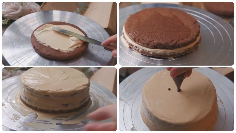 Hoàn thiện và trang trí bánh kem socola bằng lớp kem mịn màng