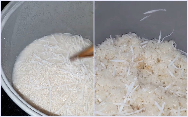 Hỗn hợp gạo nếp, dừa nạo, cốt dừa sẵn sàng cho vào nồi cơm điện
