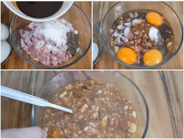 Hỗn hợp thịt băm, mắm cá và trứng đã được trộn đều, sẵn sàng cho công đoạn chưng thịt.