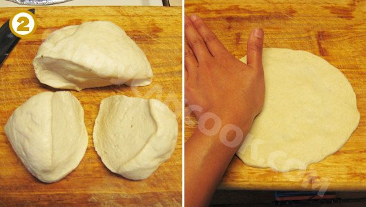 Kéo dãn và tạo hình đế bánh pizza tự làm trên chảo